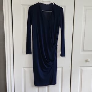 Mango‎ Navy Blue Faux Wrap Dress Size 4 Midi Academia Long Sleeve Business